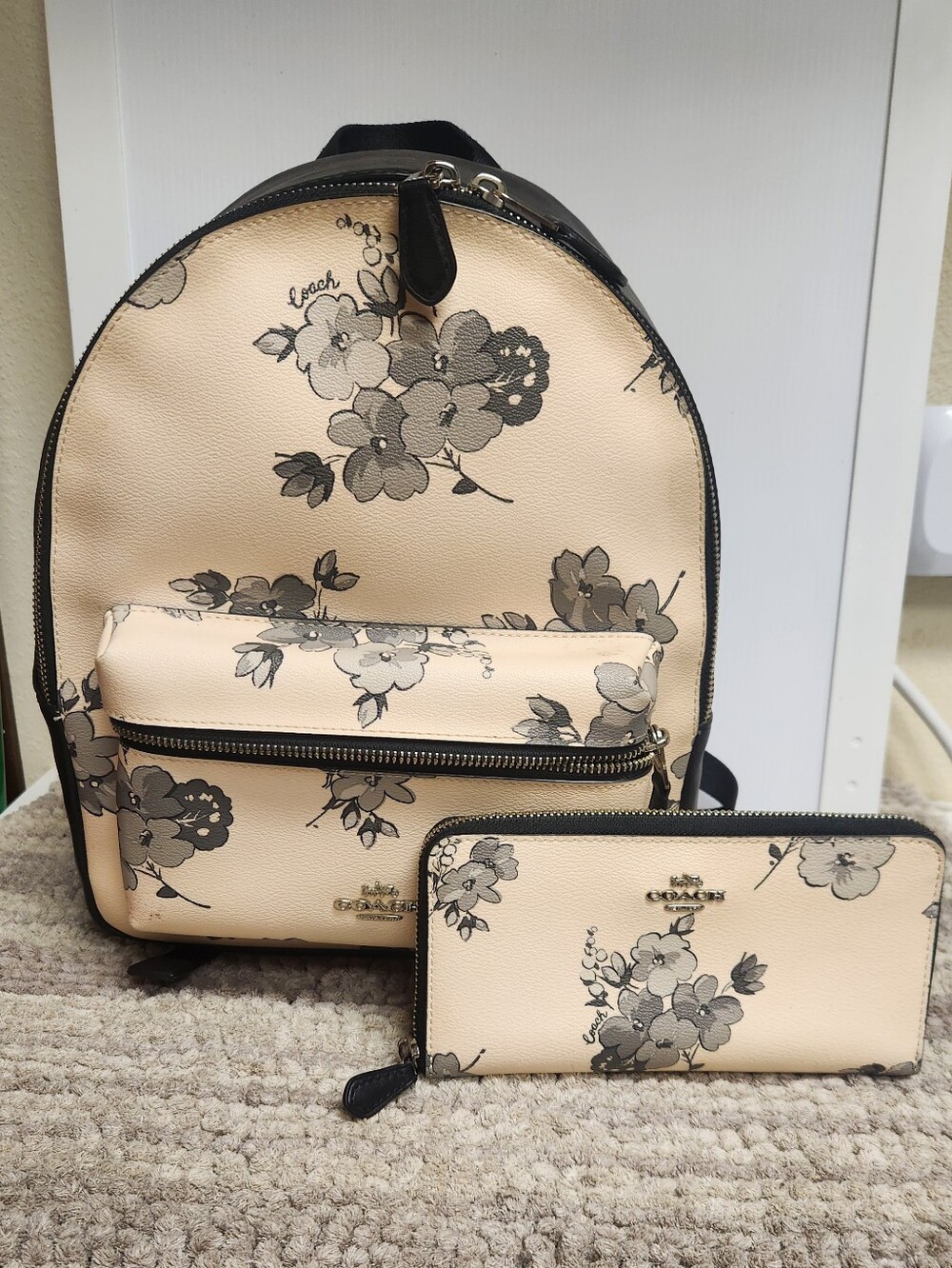 Coach Blush Floral Coated Cotton & Leather Backpack and Zip Wallet